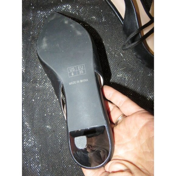 Horsebit Accent Black Vegan Leather Kitten Heel Slingbacks sz 35 or US 5 - Picture 8 of 10